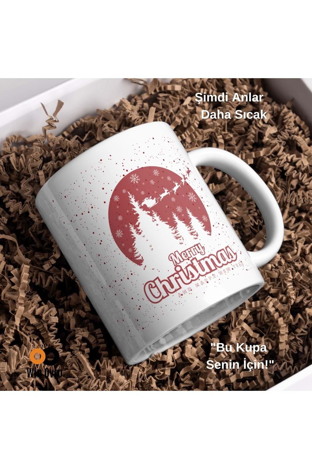 Win Ovro Premium Beyaz Porselen Hediye Çift Yön Baskılı Kupa Bardak - Merry Christmas Happy New