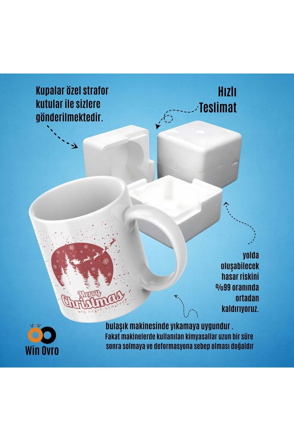 Win Ovro Premium Beyaz Porselen Hediye Çift Yön Baskılı Kupa Bardak - Merry Christmas Happy New