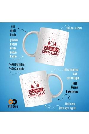 Win Ovro Premium Beyaz Porselen Hediye Çift Yön Baskılı Kupa Bardak - Merry Christmas Happy New 1