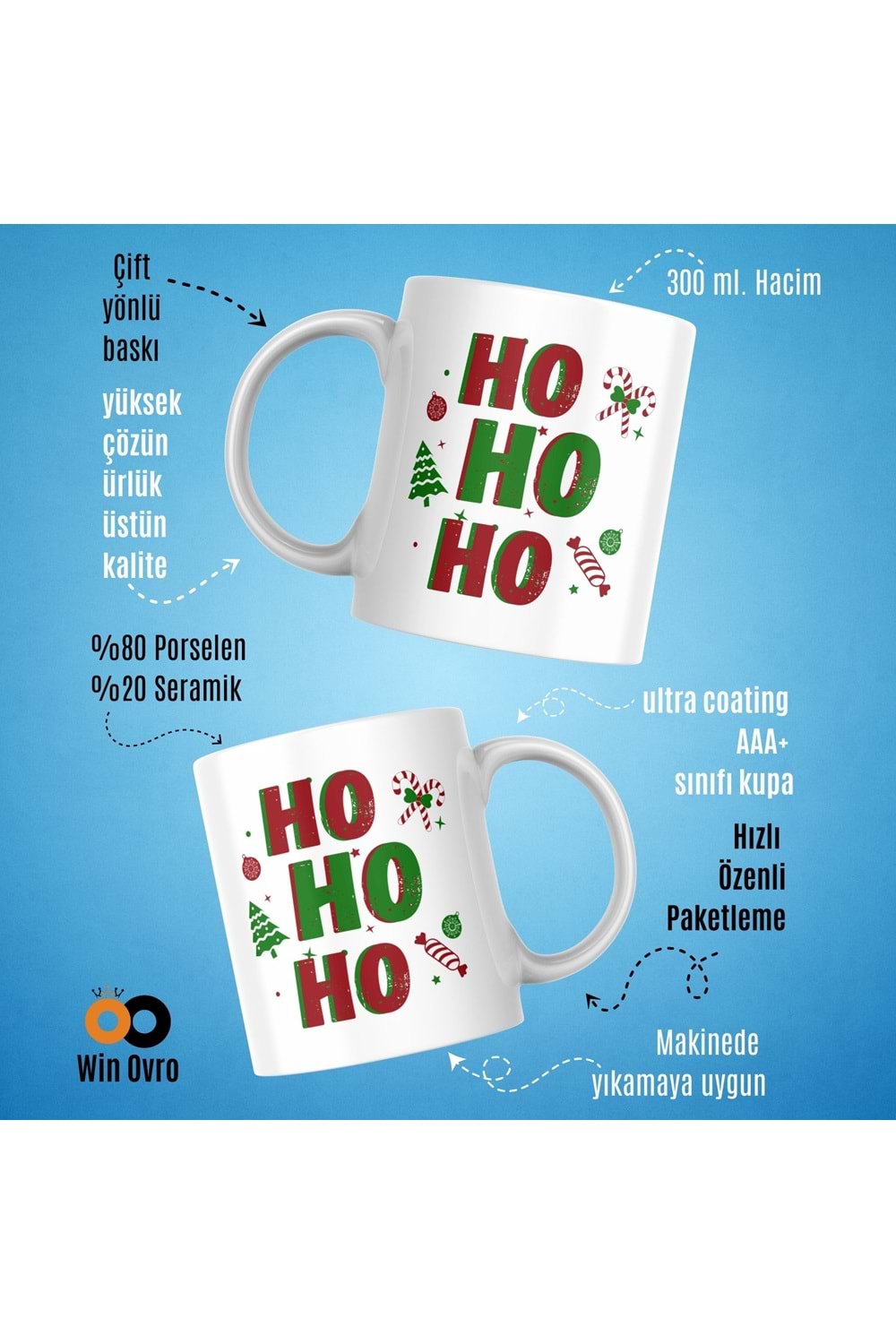 Win Ovro Premium Beyaz Porselen Hediye Çift Yön Baskılı Kupa Bardak - Ho Ho Ho Christmas