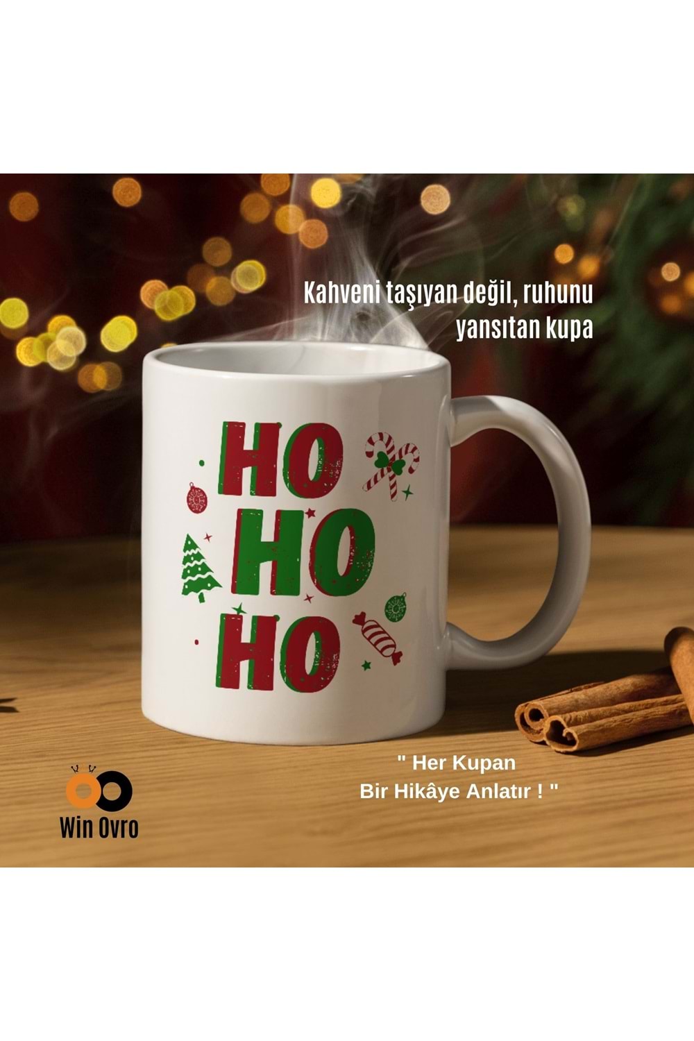 Win Ovro Premium Beyaz Porselen Hediye Çift Yön Baskılı Kupa Bardak - Ho Ho Ho Christmas