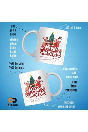 Win Ovro Premium Beyaz Porselen Hediye Çift Yön Baskılı Kupa Bardak - Merry Christmas Happy New 4
