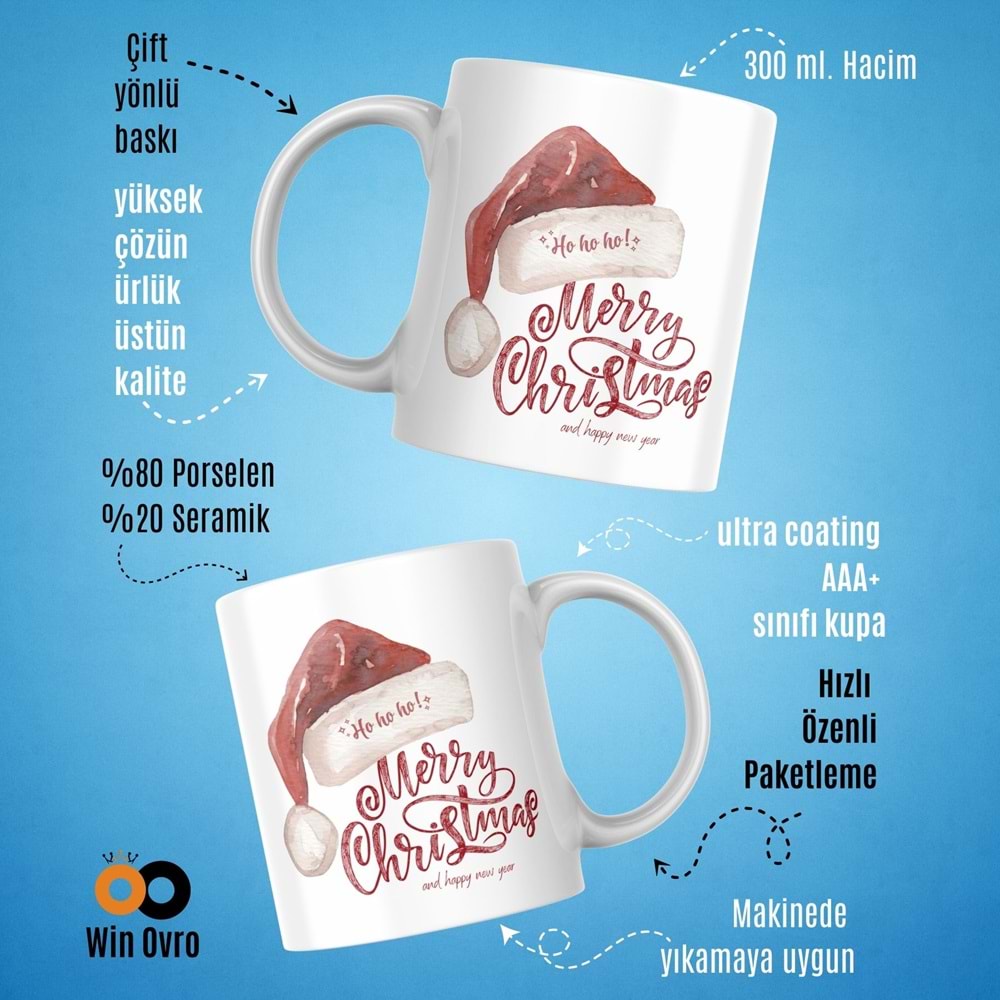 Win Ovro Premium Beyaz Porselen Hediye Çift Yön Baskılı Kupa Bardak - Merry Christmas Happy New 5