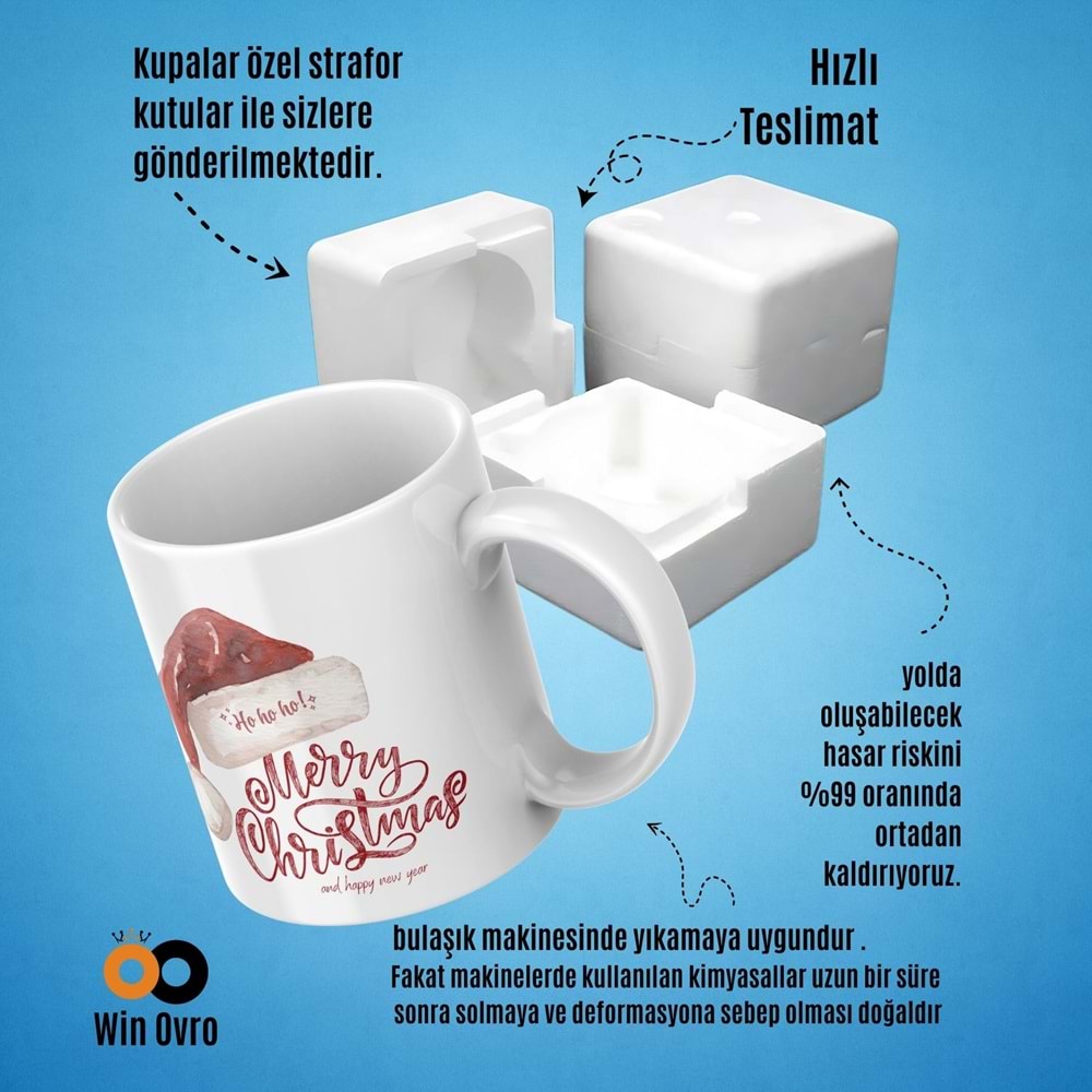 Win Ovro Premium Beyaz Porselen Hediye Çift Yön Baskılı Kupa Bardak - Merry Christmas Happy New 5