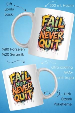 Win Ovro Premium Beyaz Porselen Hediye Çift Yön Baskılı Kupa Bardak - Başarısız ol ama asla pes etme