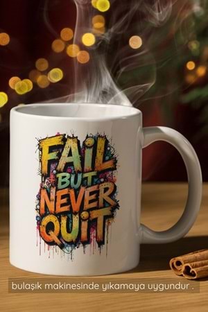 Win Ovro Premium Beyaz Porselen Hediye Çift Yön Baskılı Kupa Bardak - Başarısız ol ama asla pes etme