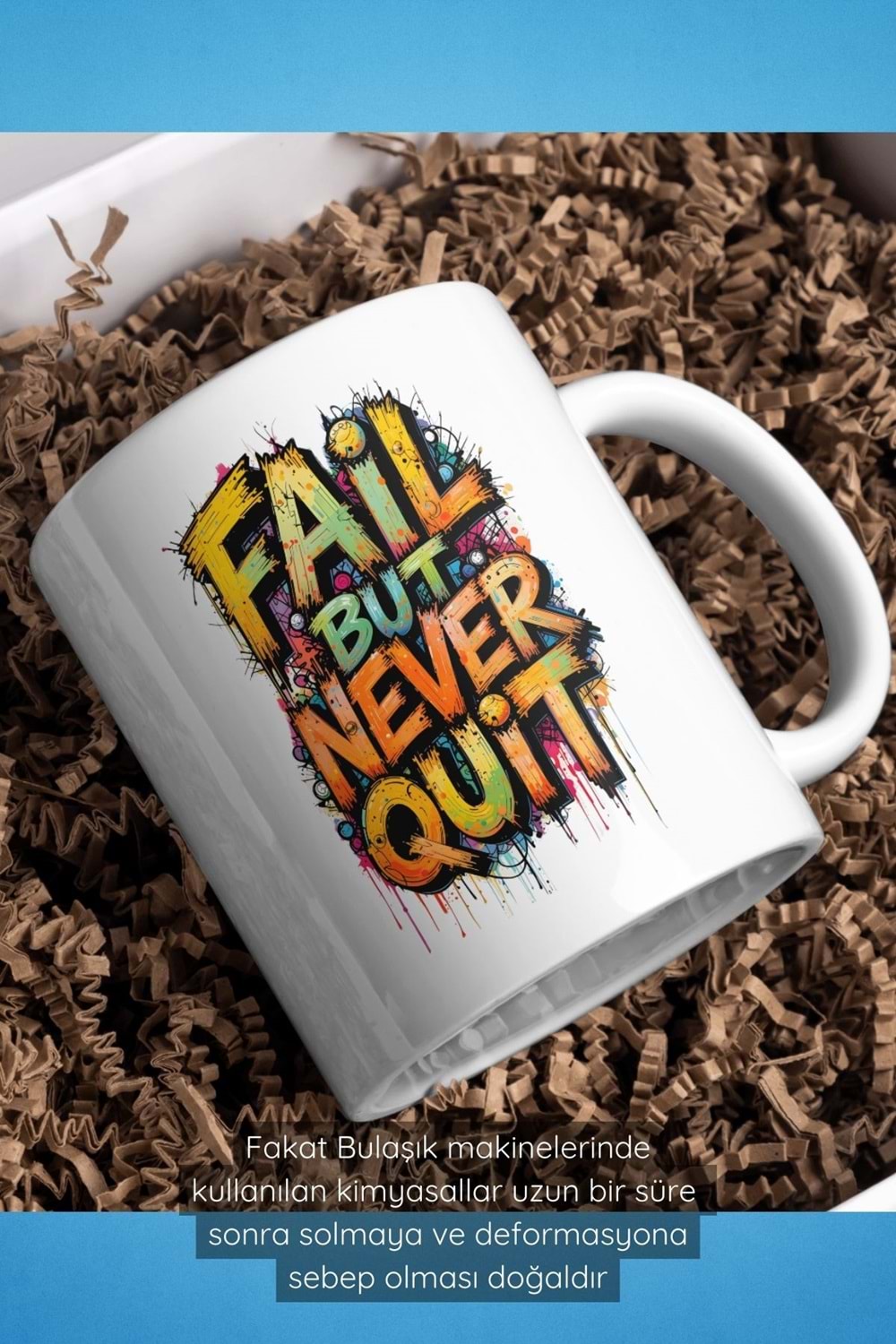 Win Ovro Premium Beyaz Porselen Hediye Çift Yön Baskılı Kupa Bardak - Başarısız ol ama asla pes etme