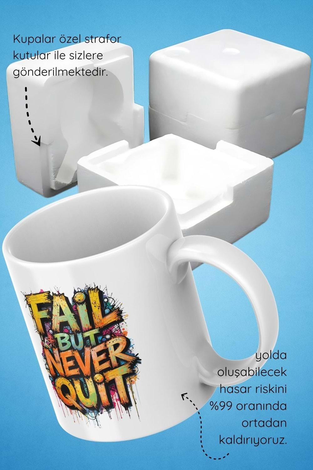 Win Ovro Premium Beyaz Porselen Hediye Çift Yön Baskılı Kupa Bardak - Başarısız ol ama asla pes etme