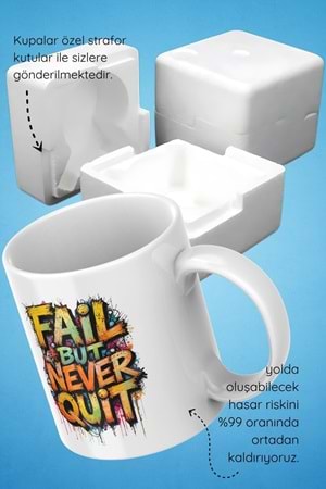 Win Ovro Premium Beyaz Porselen Hediye Çift Yön Baskılı Kupa Bardak - Başarısız ol ama asla pes etme