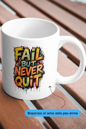 Win Ovro Premium Beyaz Porselen Hediye Çift Yön Baskılı Kupa Bardak - Başarısız ol ama asla pes etme