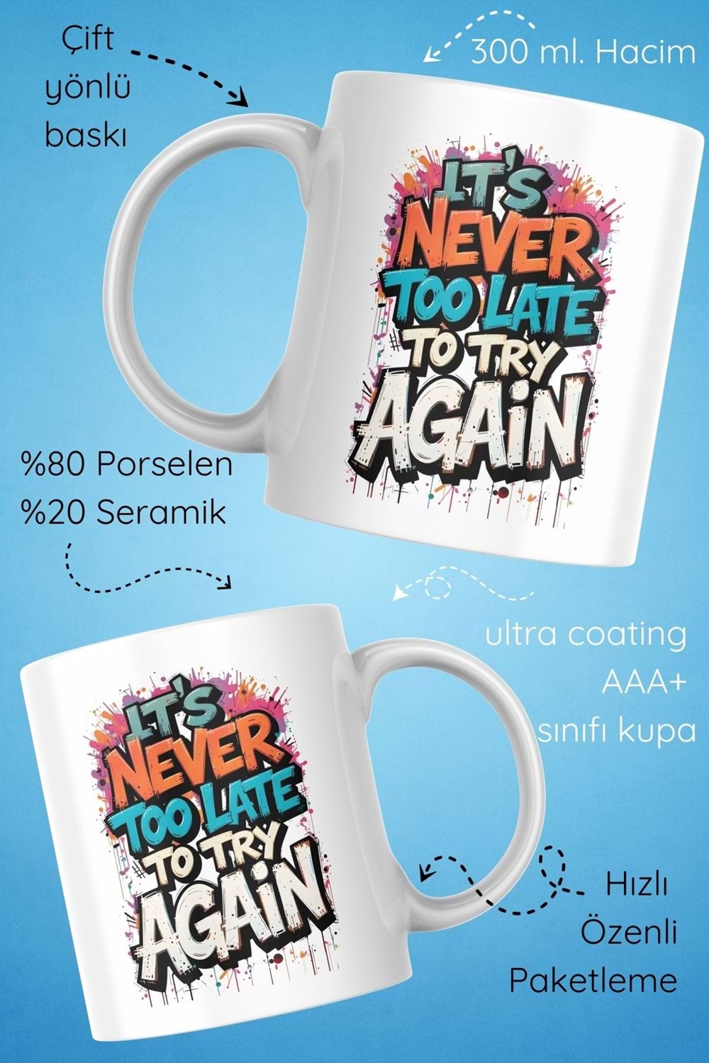 Win Ovro Premium Beyaz Porselen Hediye Çift Yön Baskılı Kupa Bardak - Tekrar denemek için asla geç