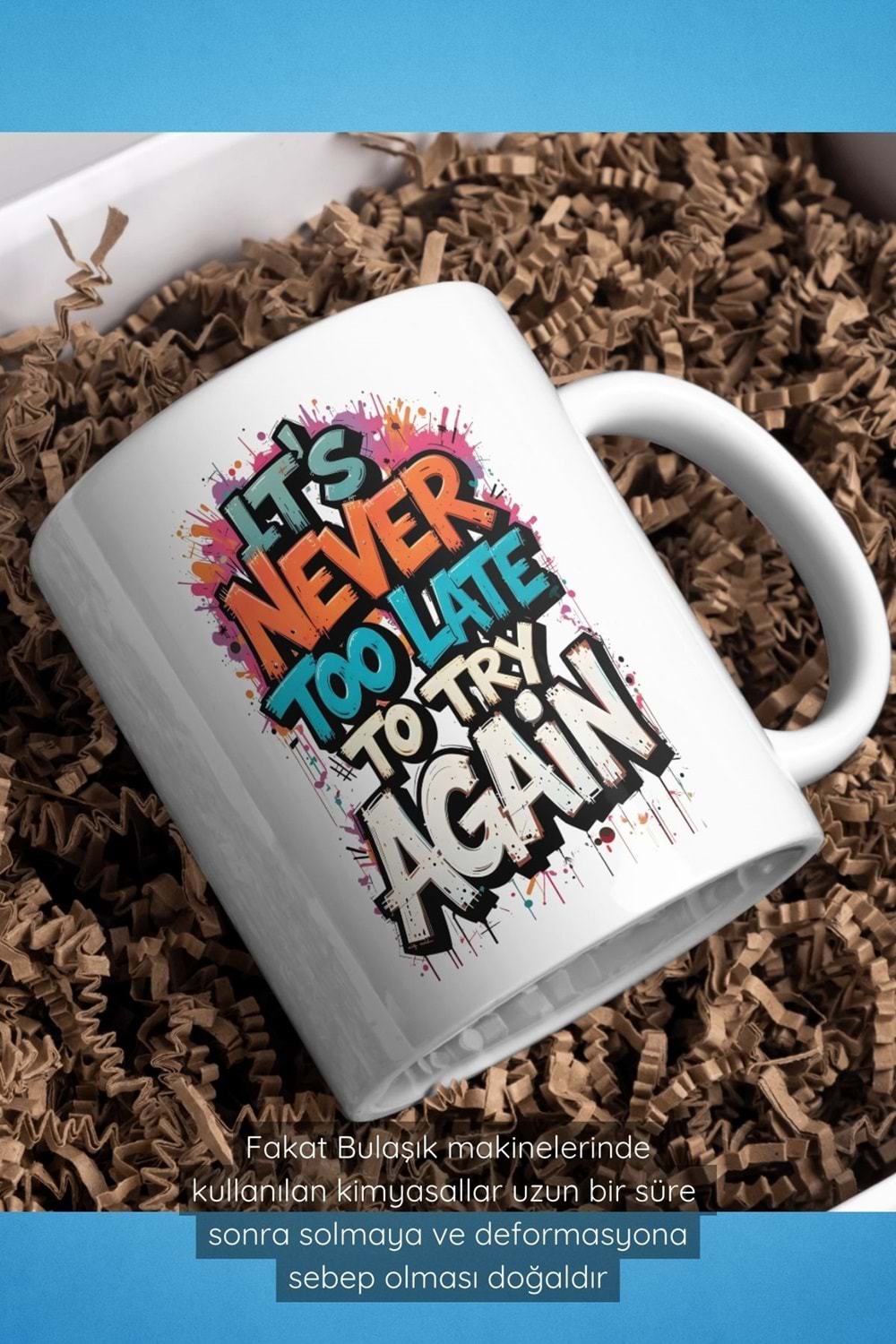 Win Ovro Premium Beyaz Porselen Hediye Çift Yön Baskılı Kupa Bardak - Tekrar denemek için asla geç