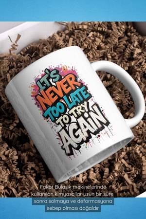 Win Ovro Premium Beyaz Porselen Hediye Çift Yön Baskılı Kupa Bardak - Tekrar denemek için asla geç