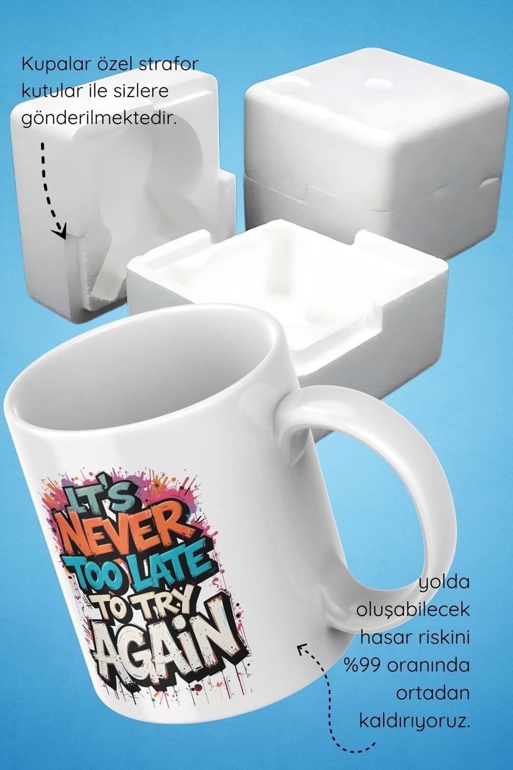 Win Ovro Premium Beyaz Porselen Hediye Çift Yön Baskılı Kupa Bardak - Tekrar denemek için asla geç