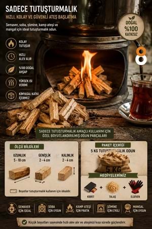 Win Ovro 5 KG Semaver Odunu & Tutuşturmalık Odun Seti | Kibrit + Talaş + Eldiven Hediye |Doğal Ahşap