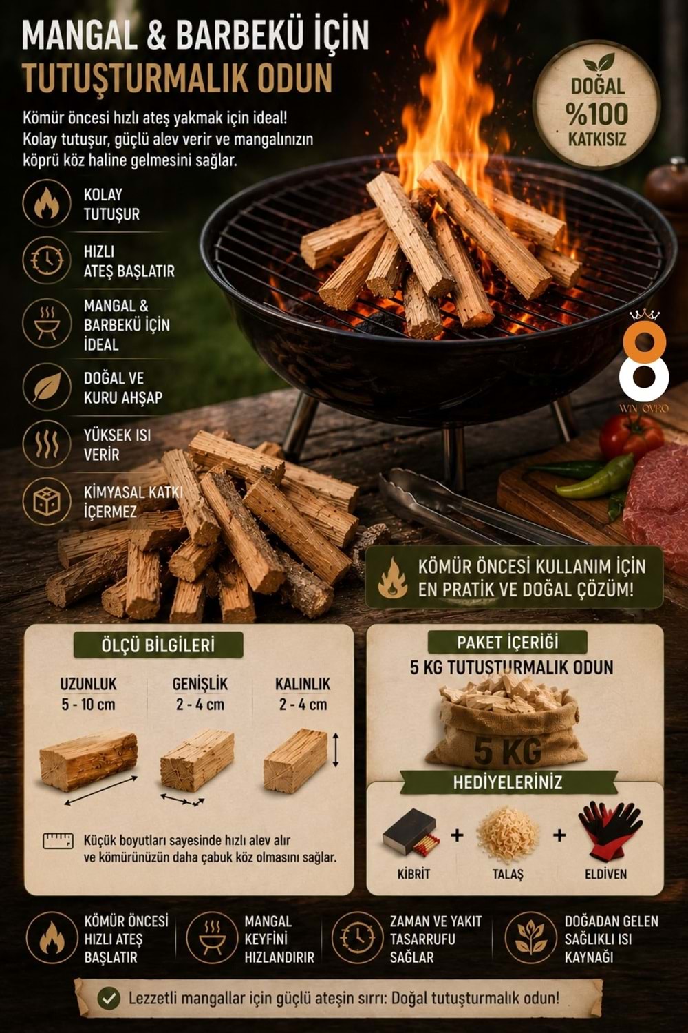 Win Ovro 5 KG Semaver Odunu & Tutuşturmalık Odun Seti | Kibrit + Talaş + Eldiven Hediye |Doğal Ahşap