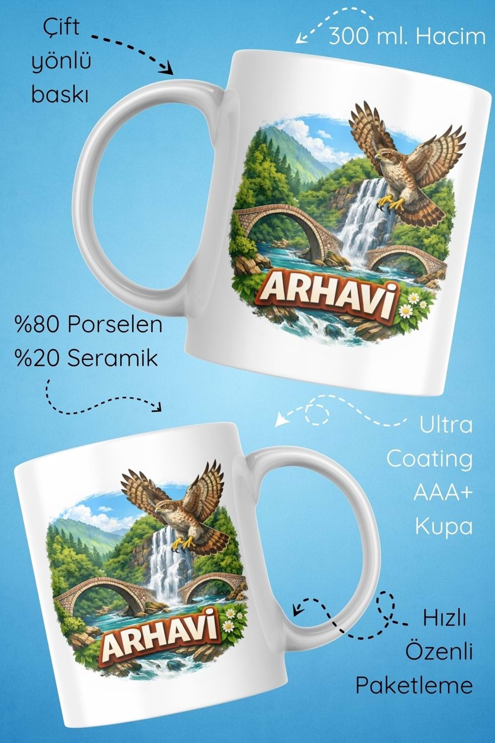 Win Ovro Premium Beyaz Porselen Hediye Çift Yön Baskılı Kupa Bardak - Arhavi 2