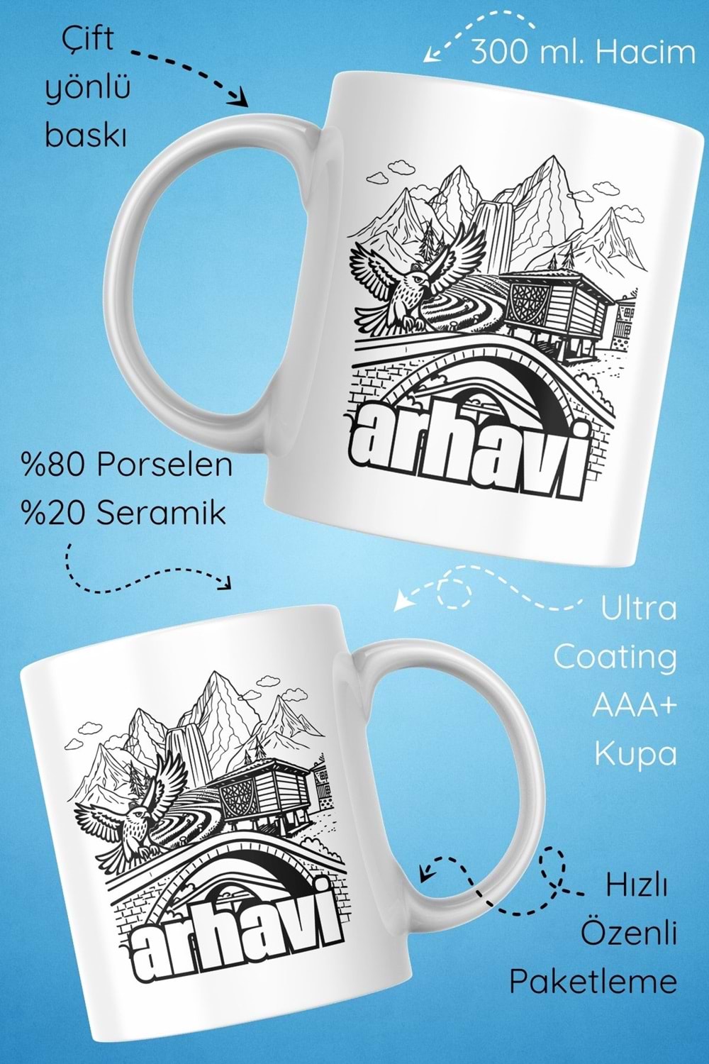 Win Ovro Premium Beyaz Porselen Hediye Çift Yön Baskılı Kupa Bardak - Arhavi 3