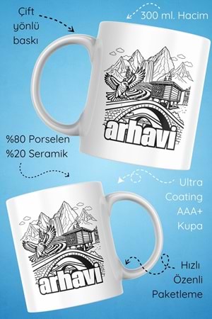 Win Ovro Premium Beyaz Porselen Hediye Çift Yön Baskılı Kupa Bardak - Arhavi 3
